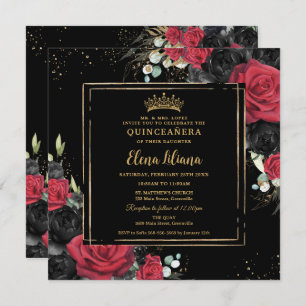 Invitación Rosas rojos negros Floral Oro Quinceanera dulce 16