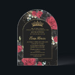 Invitación Rosas rojos negros floral Quinceanera dulce 16 arc<br><div class="desc">Añada un toque de elegancia a su ocasión especial con nuestras lujosas invitaciones en arco floral de rosas negras y rojas, con una corona de princesa dorada, un marco de arco dorado y detalles de oro refinados. Ideal para quinceañeras, dulces 16, 18 cumpleaños, bailes de debutantes y otras celebraciones de...</div>