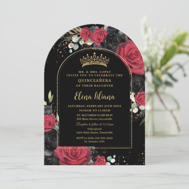 Invitación Rosas rojos negros floral Quinceanera dulce 16 arc (Anverso de pie)