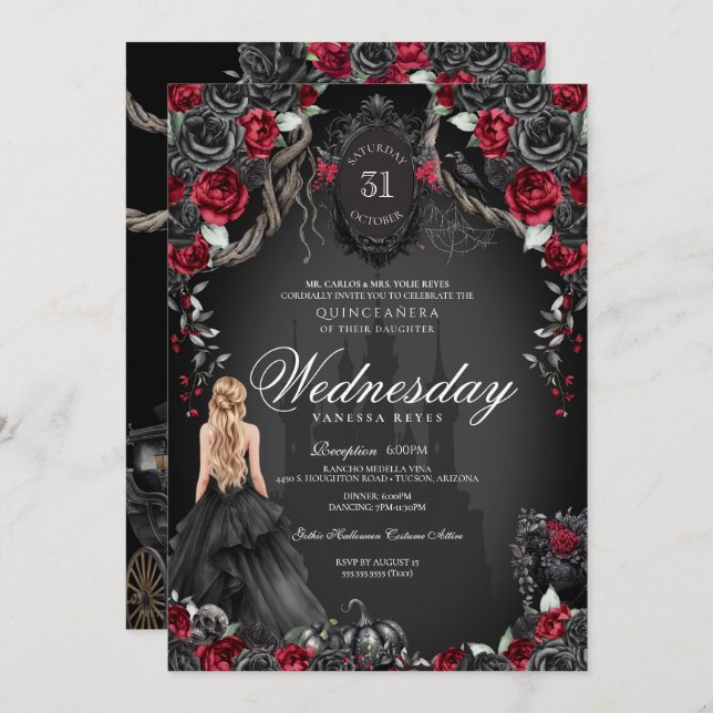 Invitación Rosas rojos negros Quinceanera Halloween gótico (Anverso / Reverso)