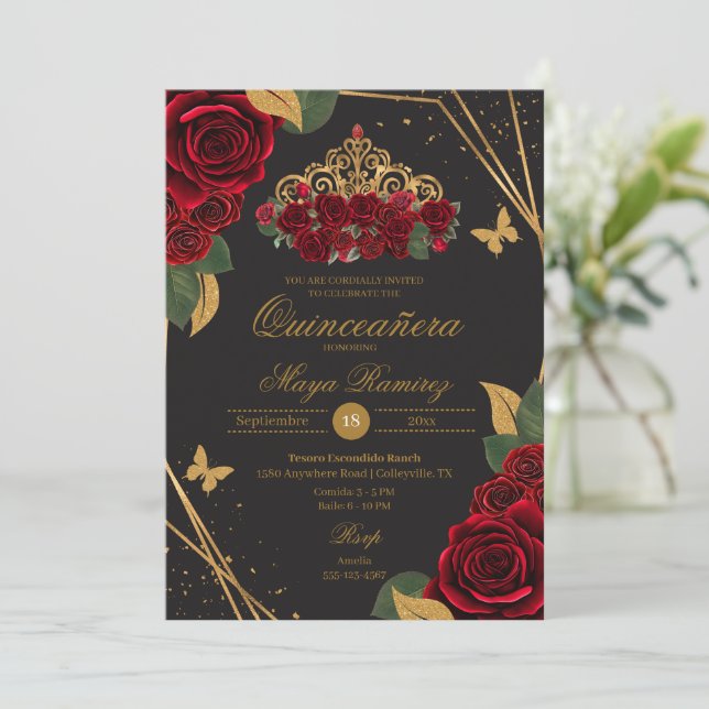 Invitación Rosas rojos negros Tiara Purpurina de oro Quinceañ (Anverso de pie)