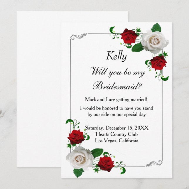 Invitación Rosas Rojos Y Blancos Navidades Boda Bridesmaid (Anverso / Reverso)