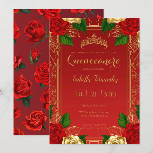 Invitación Rosas rojos y de oro de España Real Quinceañera (Anverso / Reverso)