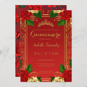 Invitación Rosas rojos y de oro de España Real Quinceañera