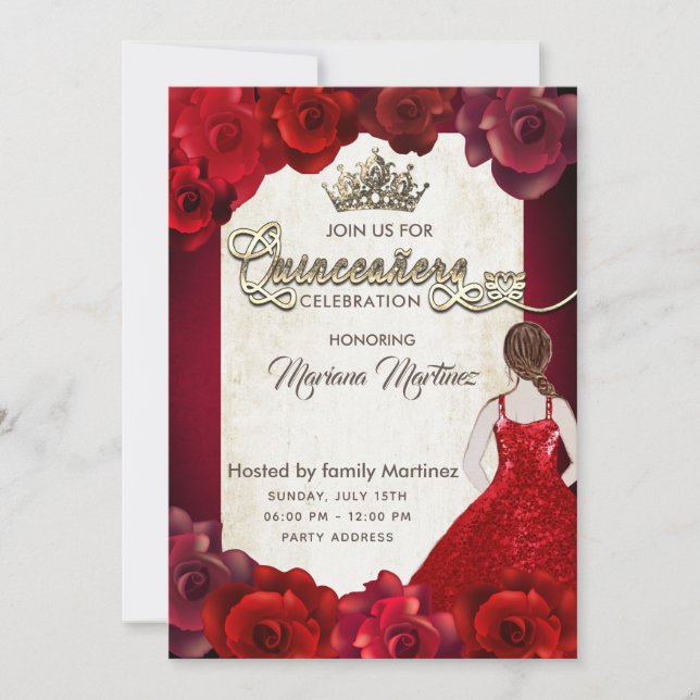 Invitación Rosas rojos y elegantes de chica añejo tiara Quinc (Anverso)