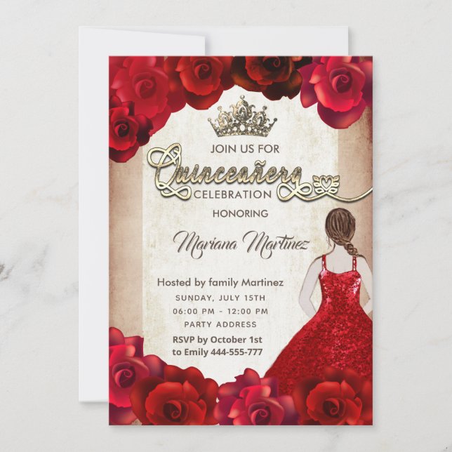 Invitación Rosas rojos y elegantes de chica añejo tiara Quinc (Anverso)