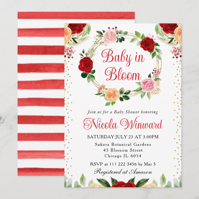 Invitación Rosas rojos y Naranjas flores veneran Baby Shower (Anverso / Reverso)