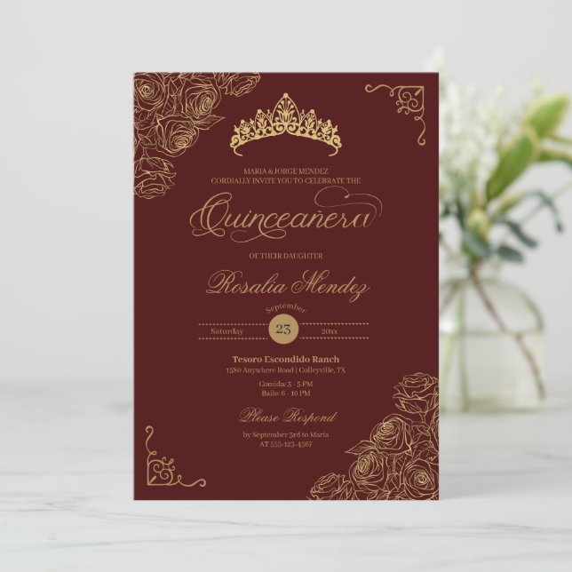 Invitación Rosas Rojos y Oro Elegante Quinceañera (Anverso de pie)
