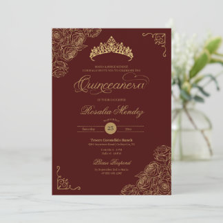 Invitación Rosas Rojos y Oro Elegante Quinceañera