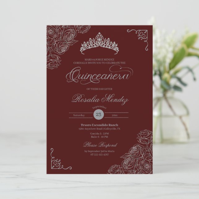 Invitación Rosas rojos y plateados elegante Quinceañera (Anverso de pie)