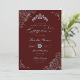 Invitación Rosas rojos y plateados elegante Quinceañera