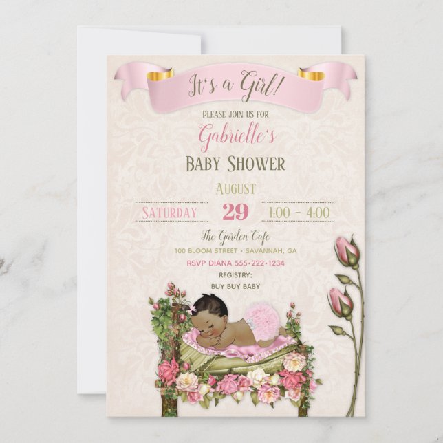 Invitación Rosas romanos de Baby Shower verde rosado (Anverso)