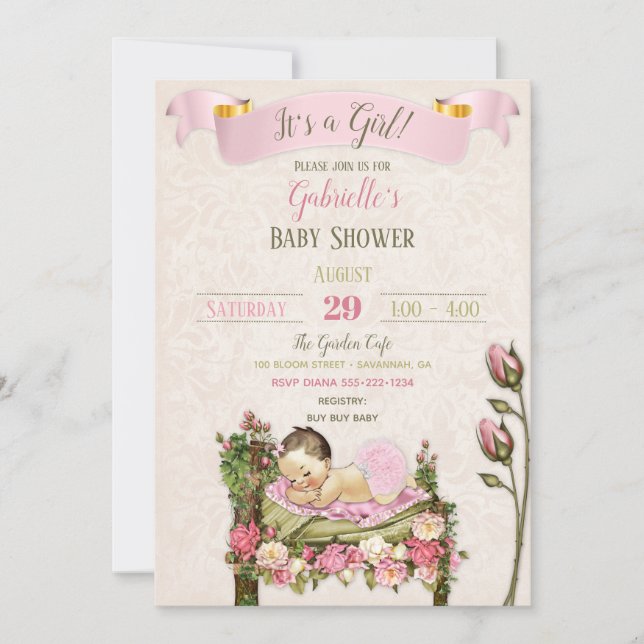 Invitación Rosas romanos de Baby Shower verde rosado (Anverso)