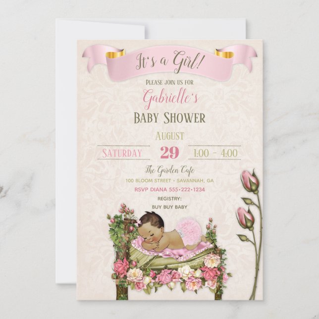 Invitación Rosas romanos de Baby Shower verde rosado (Anverso)
