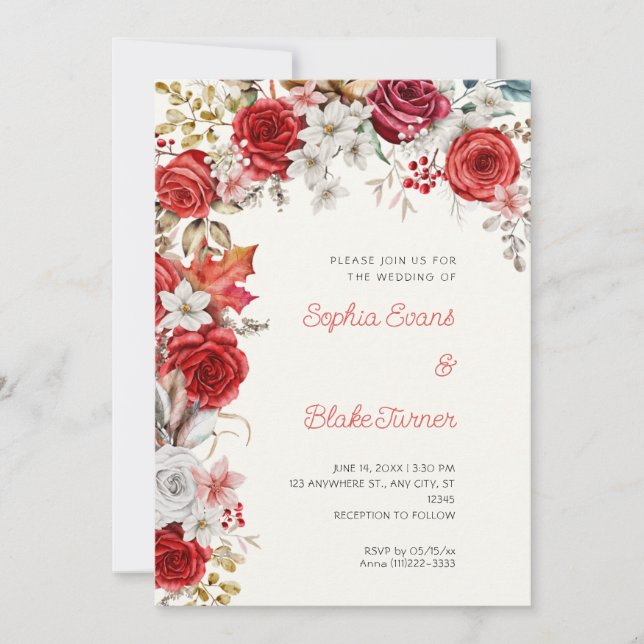 Invitación Rosas romanos rojos y blancos Boda de crema blanca (Anverso)