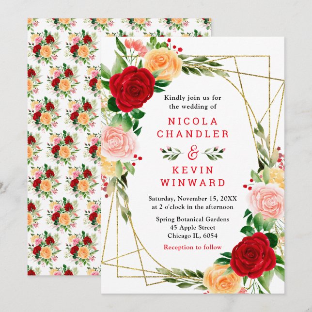 Invitación Rosas románticas rojas y naranjas (Anverso / Reverso)
