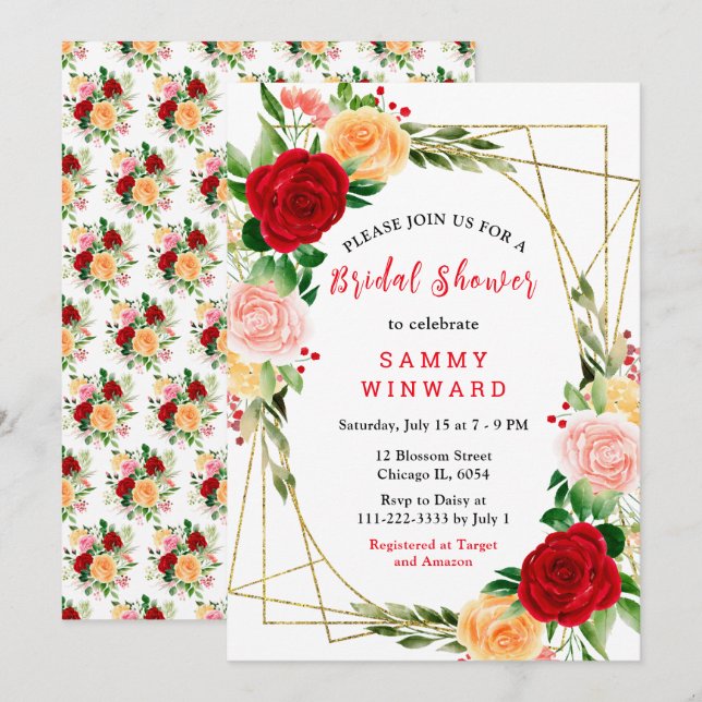 Invitación Rosas románticas rojas y naranjas (Anverso / Reverso)