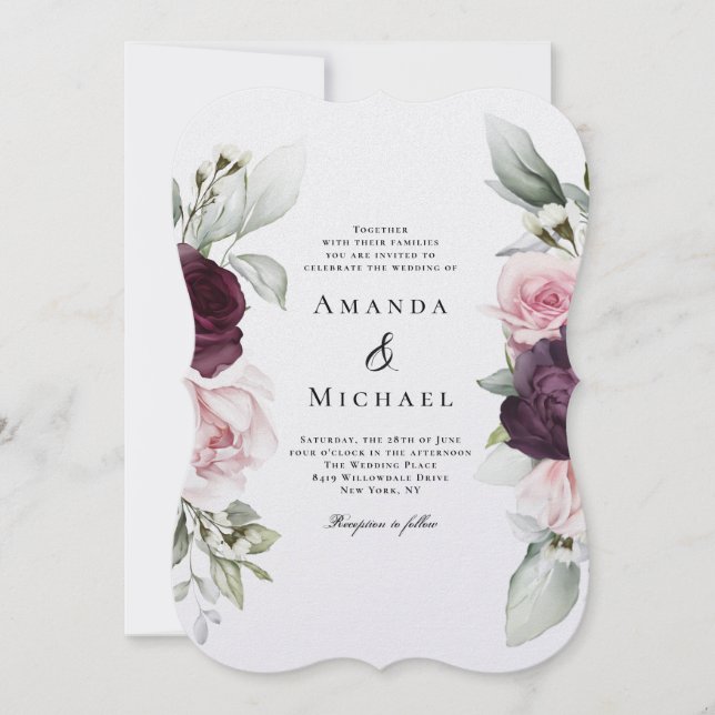 Invitación Rosas románticos acuarela Boda botánico (Anverso)