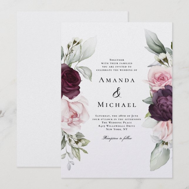 Invitación Rosas románticos acuarela Boda botánico (Anverso / Reverso)