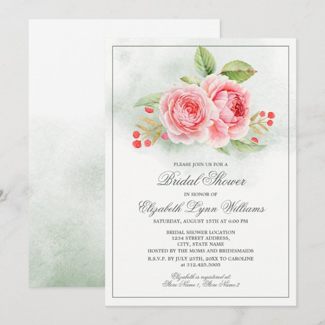 Invitación Rosas románticos acuarela ducha de novia (Anverso / Reverso)