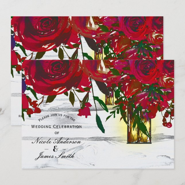 Invitación Rosas románticos de color rojo y Boda de farolillo (Anverso / Reverso)