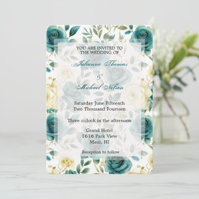 Invitación Rosas románticos de crema Verde azulada Boda flora (Anverso de pie)