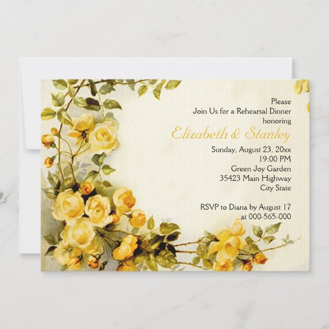 Invitación Rosas románticos de época boda ensayo cena (Anverso)