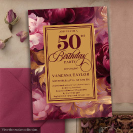 Invitación Rosas románticos de oro de color burdeos 50 años