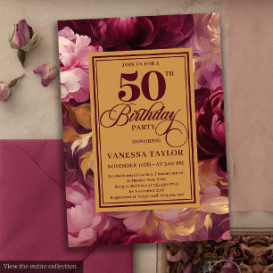 Invitación Rosas románticos de oro de color burdeos 50 años