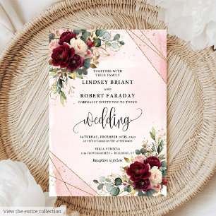 Invitación Rosas románticos de Rubor maroon Gold, Boda románt