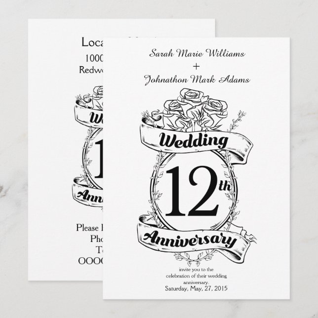 Invitación Rosas románticos duodécimo aniversario del boda (Anverso / Reverso)
