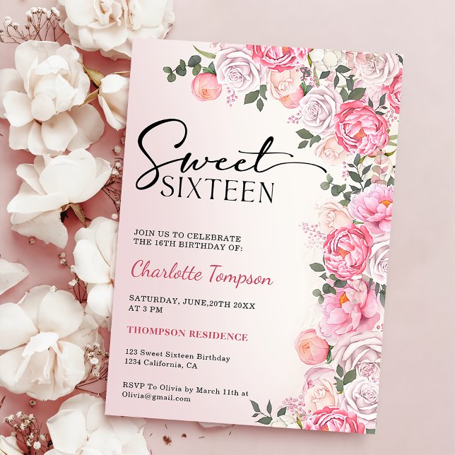 Invitación Rosas románticos pastel dulce floral 16 cumpleaños (Subido por el creador)