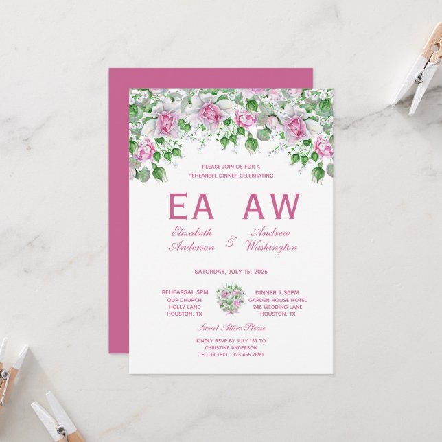 Invitación Rosas románticos rosados Boda ensayo cena (Anverso/Reverso In Situ)