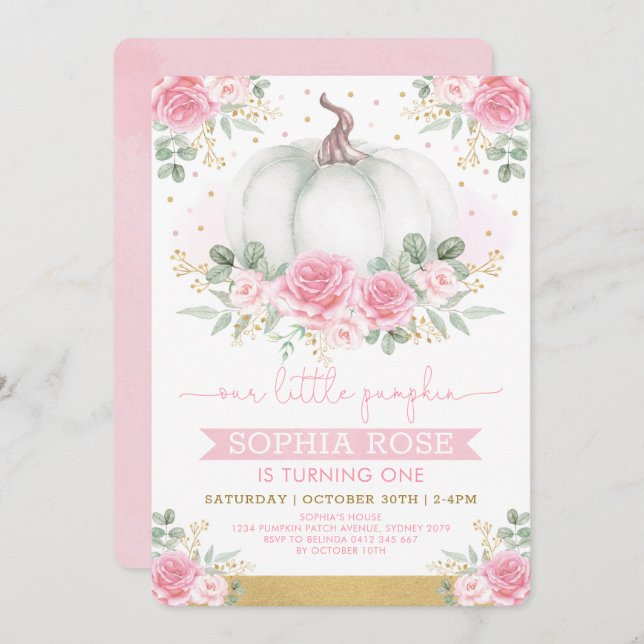 Invitación Rosas rosa blandas y calabaza Primer cumpleaños (Anverso / Reverso)
