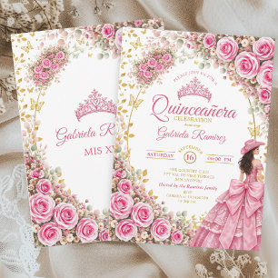 Invitación Rosas Rosa Brillante Acuarela Quinceañera Dorada