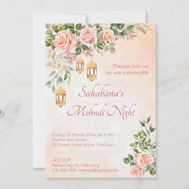 Invitación Rosas rosa crema pastelera con farolillos marroquí (Anverso)