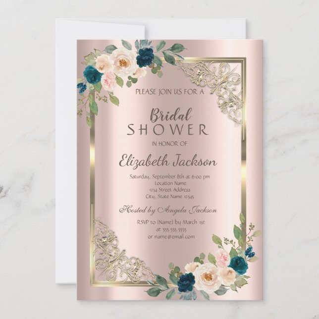 Invitación Rosas Rosa de marco dorado ducha de novia dorada (Anverso)