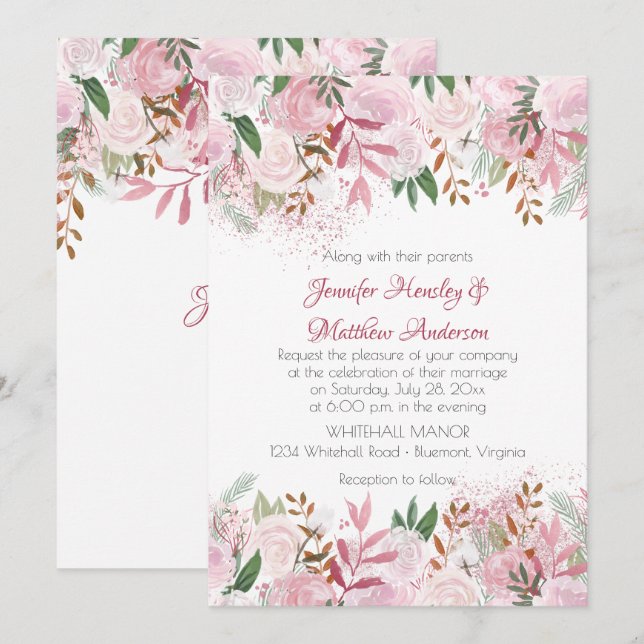 Invitación Rosas rosa pálido y boda de primavera verde (Anverso / Reverso)