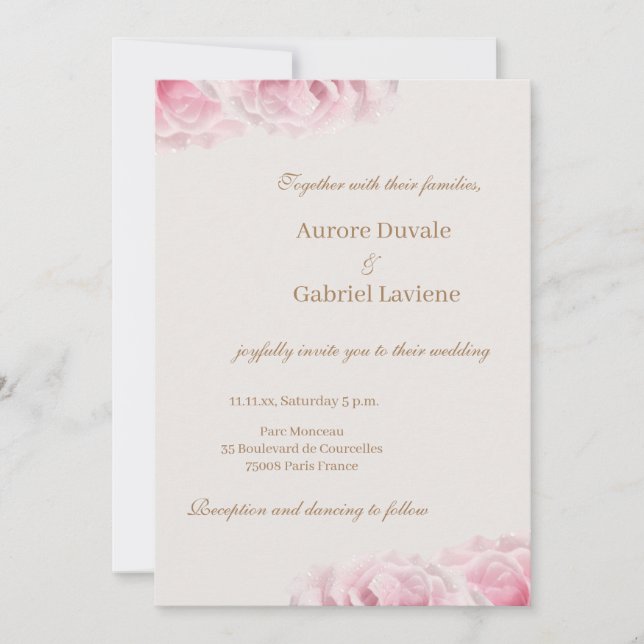 Invitación Rosas Rosa Real Flores Boda Floral Marfil Gold (Anverso)