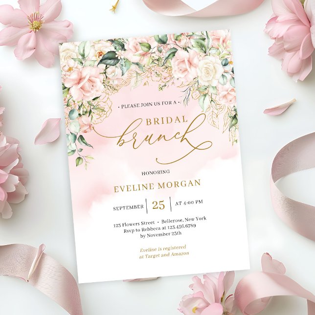 Invitación Rosas rosa rosa pastel suave y brunch de novia dor (Ethereal pale pink roses sage greenery and gold bridal brunch invitation )