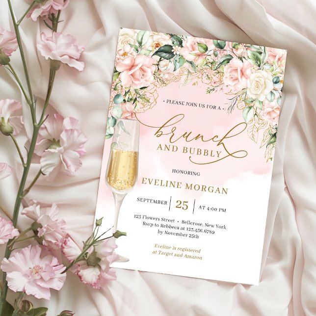 Invitación Rosas rosa rosa pastel y brunch dorado y burbujean (Elegant blush pink roses sage eucalyptus gold sparkles brunch and bubbly invitation digital )