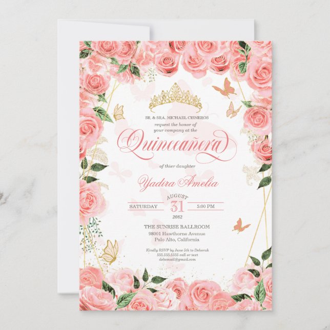 Invitación Rosas Rosa Rubor Elegante Mariposa Quinceanera Inv (Anverso)
