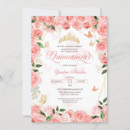 Invitación Rosas Rosa Rubor Elegante Mariposa Quinceanera Inv