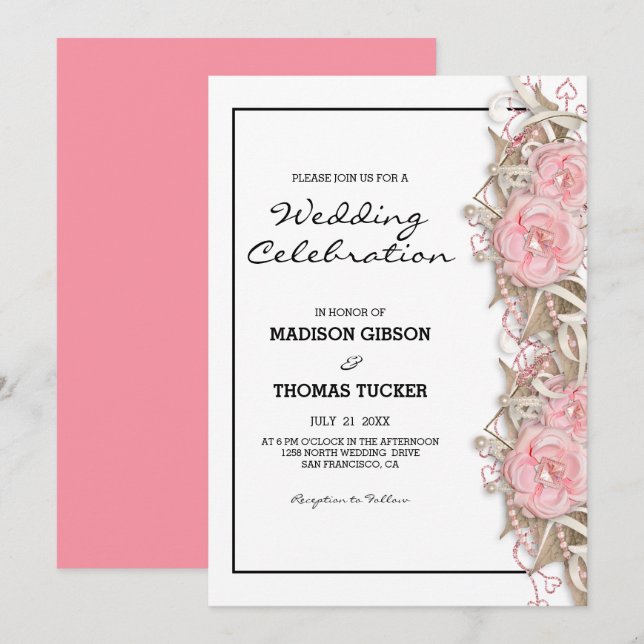 Invitación Rosas Rosa Y Boda Purpurina (Anverso / Reverso)