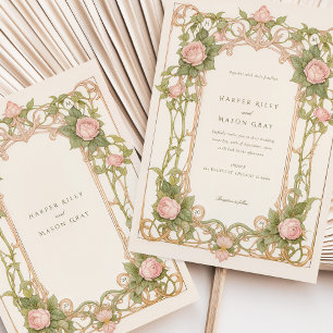 Invitación Rosas rosa y vegetación Boda Art Nouveau