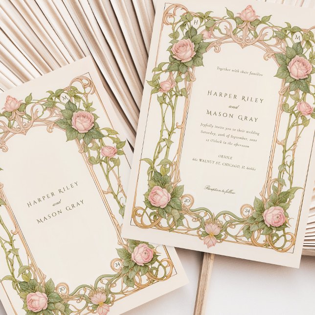 Invitación Rosas rosa y vegetación Boda Art Nouveau (Subido por el creador)