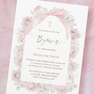Invitación rosas rosadas acuarela Bautizo