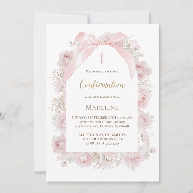 Invitación rosas rosadas acuarela Confirmación (Anverso)