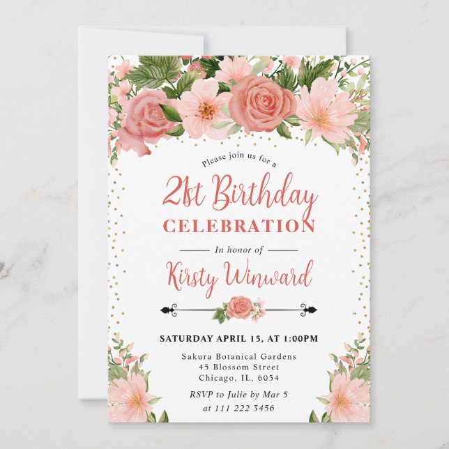 Invitación Rosas rosadas acuarela Flores cumpleaños 21 (Anverso)