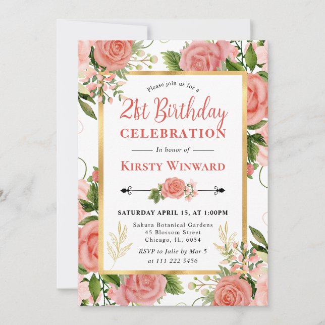 Invitación Rosas rosadas acuarela Flores Cumpleaños 21 (Anverso)